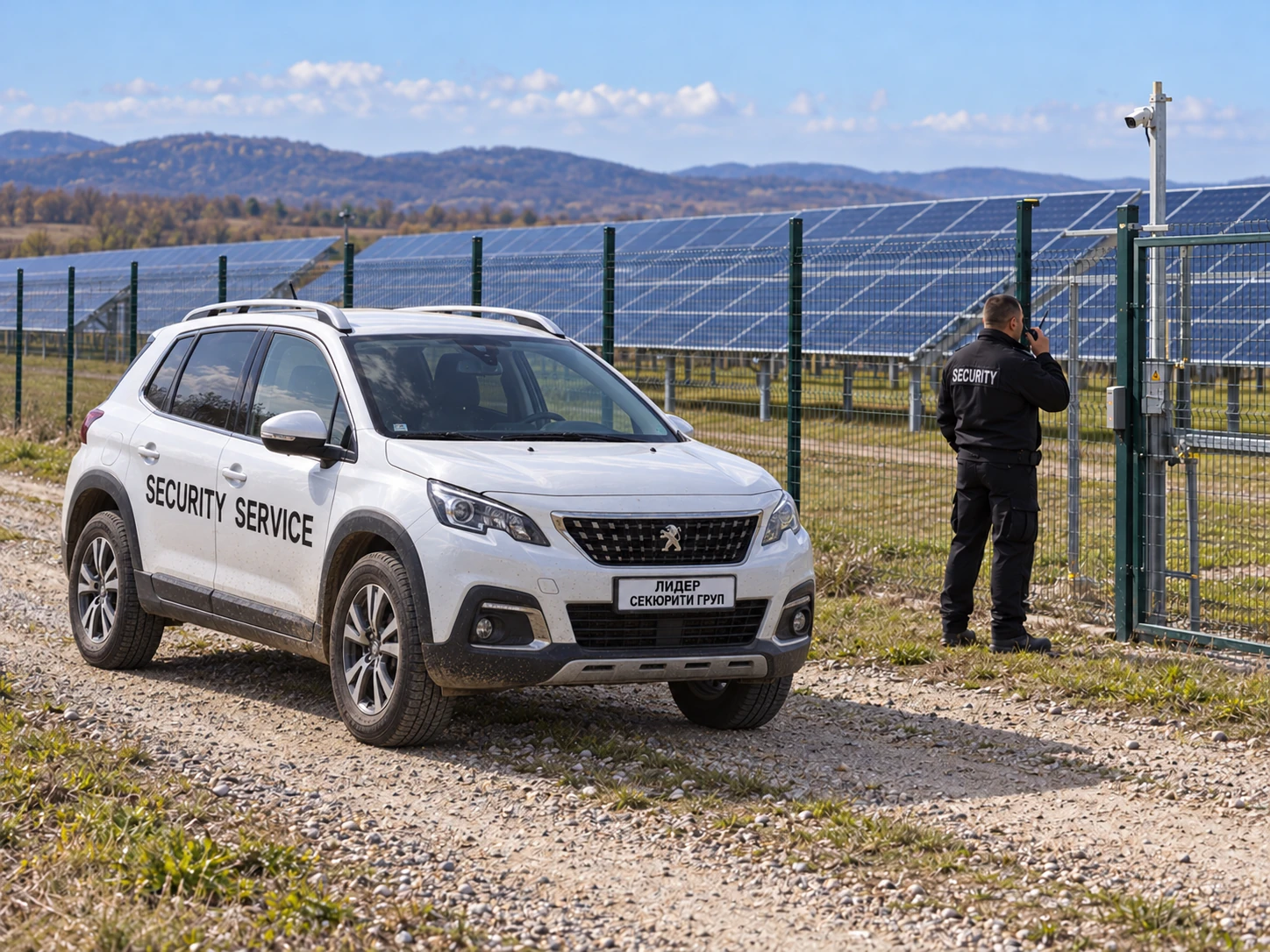 Охранител и бял Peugeot при проверка на периметъра на фотоволтаична централа